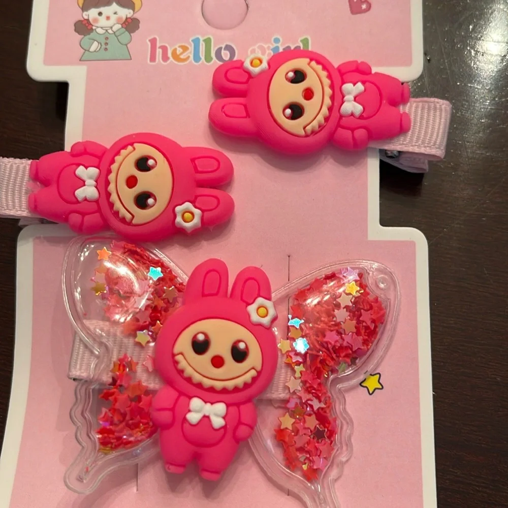 Pink cartoon labubu monsters Hair Clips Set for Kids